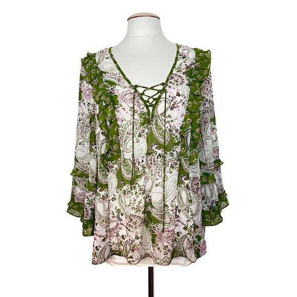 Cottagecore Sheer Ruffle Womens Lg Green Pink Paisley Floral Tunic Top Boho Ties - Picture 1 of 10
